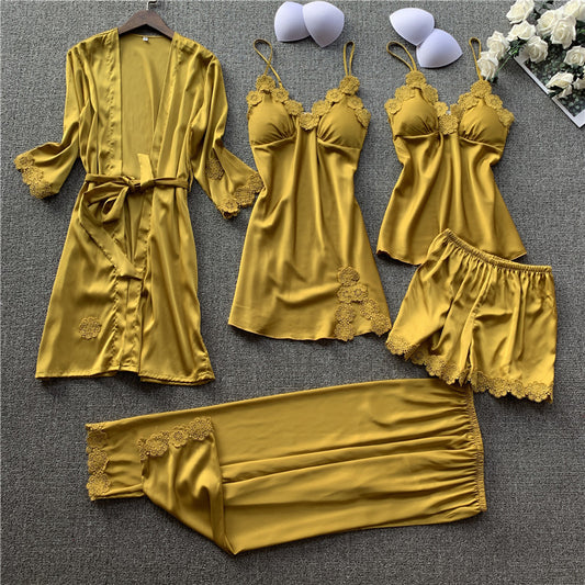 5-pc Luxury Embroidered Satin Nightwear Yellow - Luxury Chique