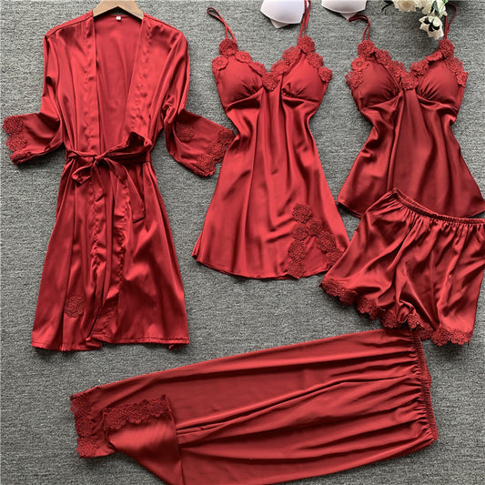 5-pc Luxury Embroidered Satin Nightwear Red - Luxury Chique